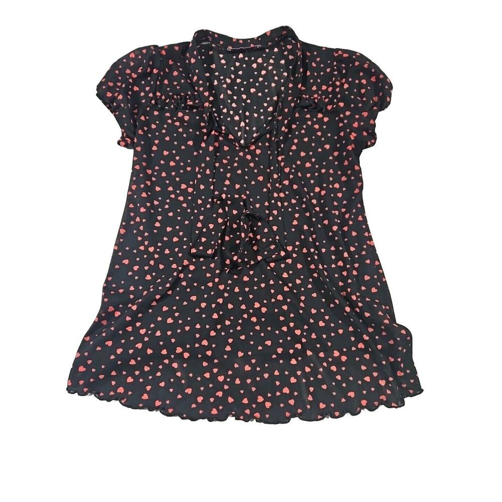 Robins Nest Maternity Size Large Sheer Blouse Black With Red Hearts